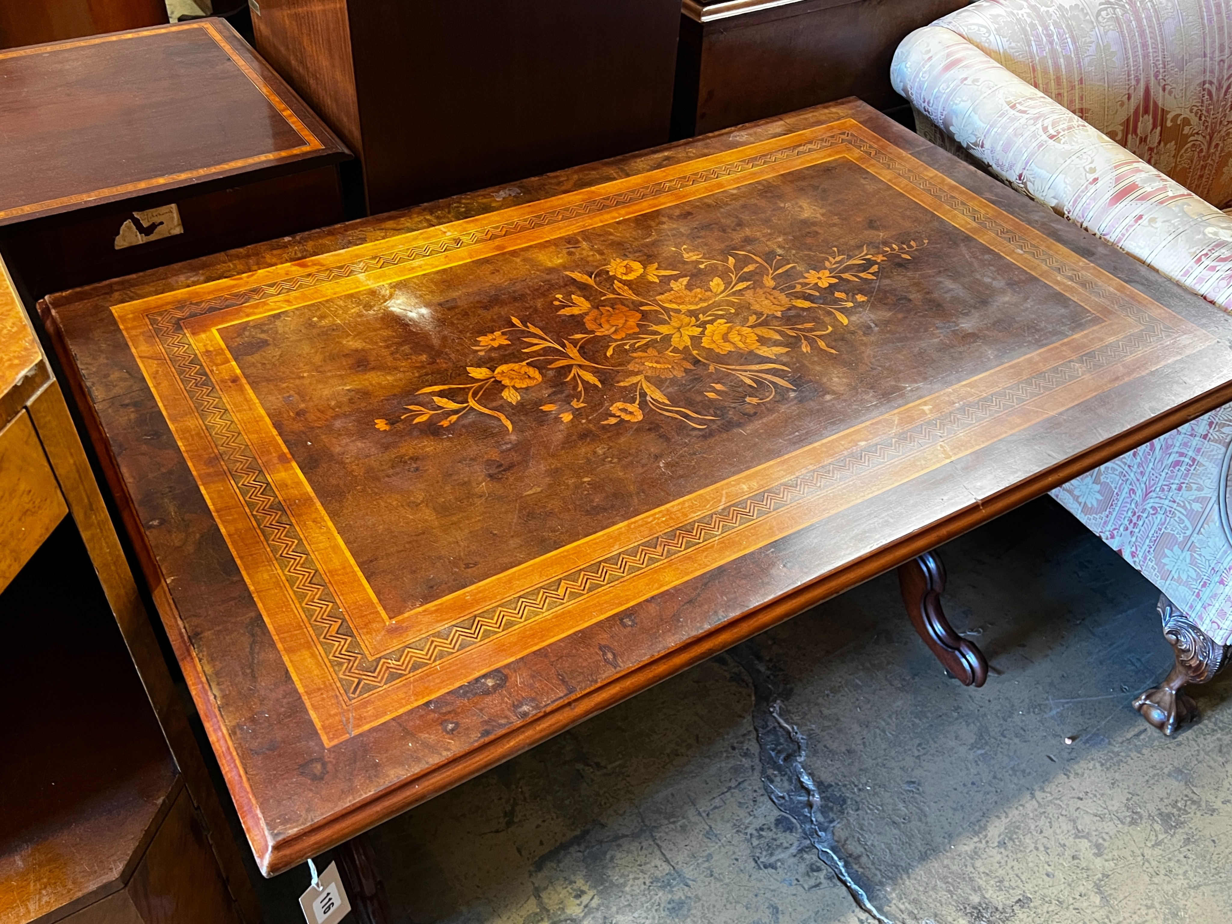 A 19th century French rectangular marquetry inlaid walnut centre table, width 120cm, depth 77cm, height 74cm